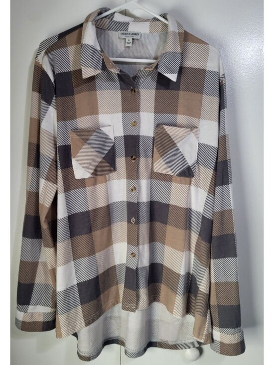 Sabrina Lauren Tops - Sabrina Lauren NY Womens XL Plaid Button Down Shirt Shacket Soft Cozy Neutral